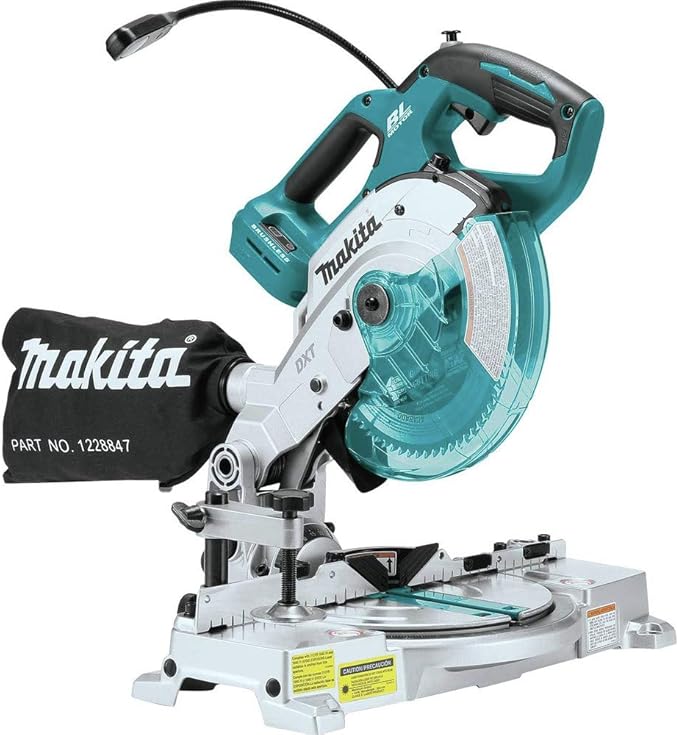 Makita XSL05Z 18V LXT brushless cordless compact dual-bevel compound miter saw with laser, ideal for precise woodworking and professional cutting.